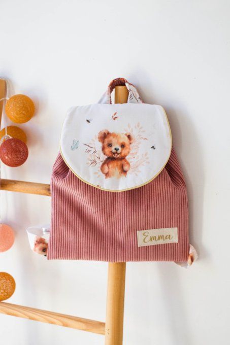 Sac cartable ours velours rose