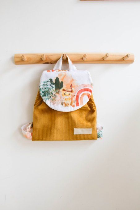 Sac cartable Tigre indien arc en ciel velours moutarde