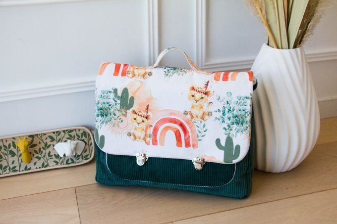 Cartable tigre indien arc en ciel velours vert