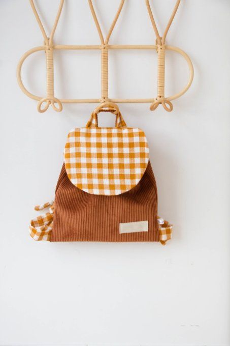 Sac cartable Vichy moutarde velours marron